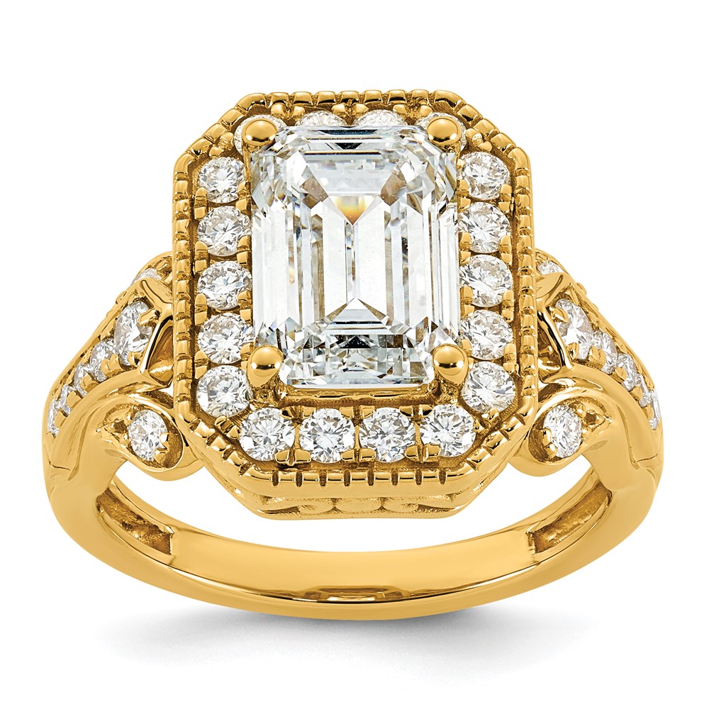 14K Yellow Gold 3.75 Carat Certified Lab Grown Diamond VS+ F+ Emerald Center Complete Fancy Halo Textured Engagement Ring