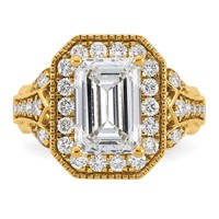 14K Yellow Gold 4.33 Carat Certified Lab Grown Diamond VS+ F+ Emerald Center Complete Fancy Halo Textured Engagement Ring view 4