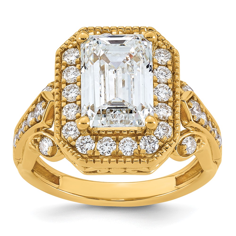 14K Yellow Gold 4.33 Carat Certified Lab Grown Diamond VS+ F+ Emerald Center Complete Fancy Halo Textured Engagement Ring