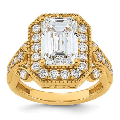 14K Yellow Gold 4.33 Carat Certified Lab Grown Diamond VS+ F+ Emerald Center Complete Fancy Halo Textured Engagement Ring