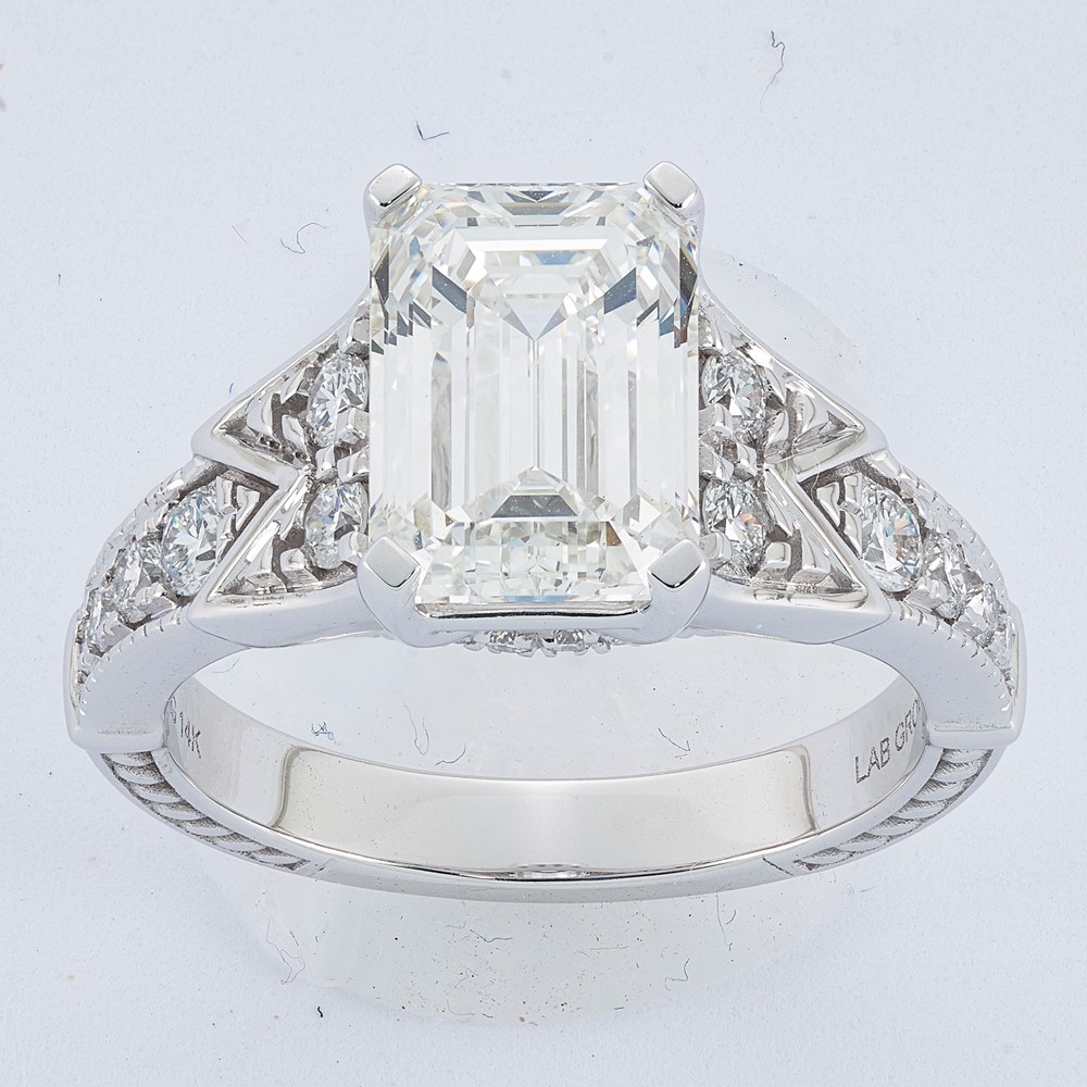 14K White Gold Certified Emerald Center Lab Grown Diamond VS+ F+ Engagement Ring