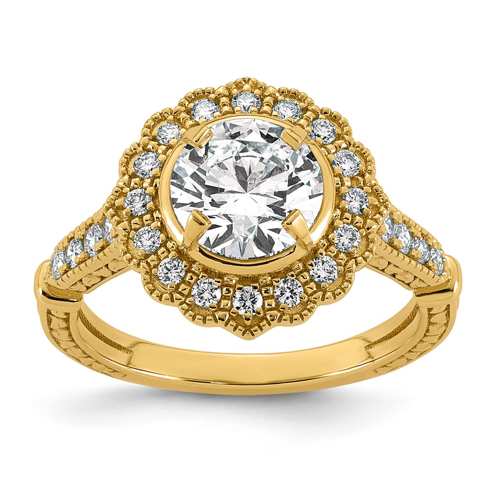 14K Yellow Gold 1.88 Carat Certified Lab Grown Diamond VS+ F+ Round Center Fancy Textured Halo Complete Engagement Ring