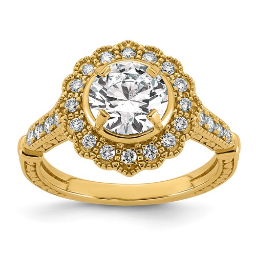 14K Yellow Gold 1.88 Carat Certified Lab Grown Diamond VS+ F+ Round Center Fancy Textured Halo Complete Engagement Ring