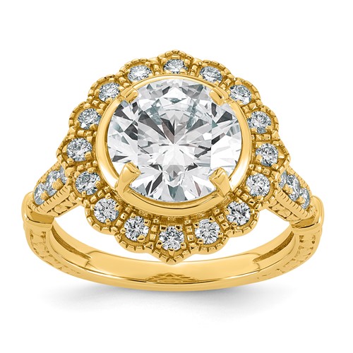 14K Yellow Gold 3.50 Carat Certified Lab Grown Diamond VS+ F+ Round Center Fancy Textured Halo Complete Engagement Ring