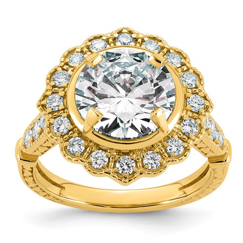 14K Yellow Gold 4.12 Carat Certified Lab Grown Diamond VS+ F+ Round Center Fancy Textured Halo Complete Engagement Ring