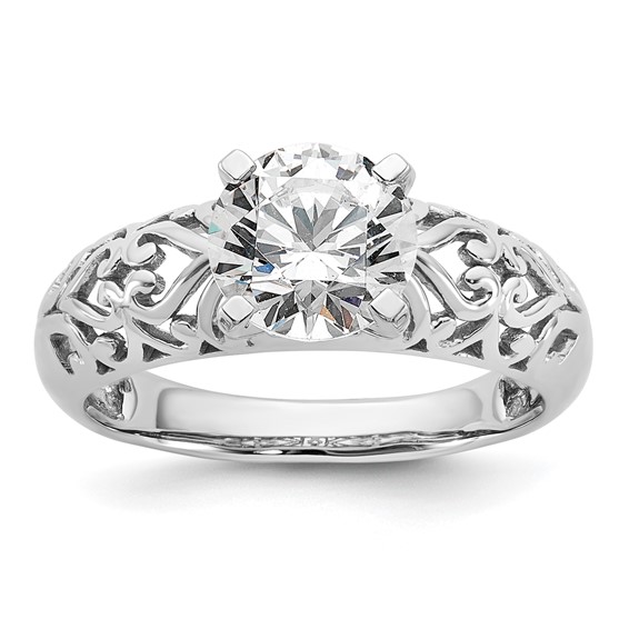 14k White Gold Peg Set Filigree Heart Design Solitaire Engagement Ring Mounting