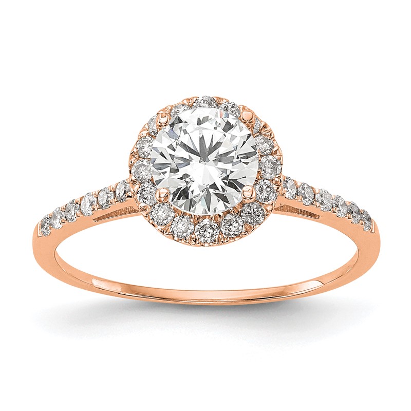 14K Rose Gold Lab Grown VS/SI+ G+ Dia Round Halo Semi-mount Eng Ring