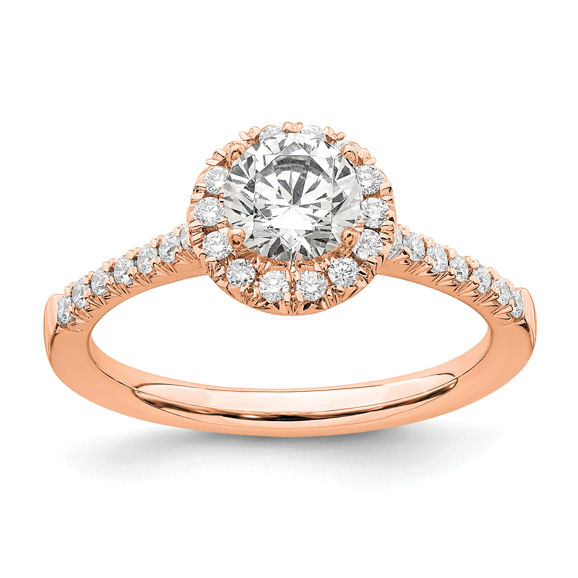 14k Rose Gold 3/4 carat Lab Grown Diamond VS/SI+ G+ Round Complete Size 6 Halo Engagement Ring (RM2057E-050-6CRLG)