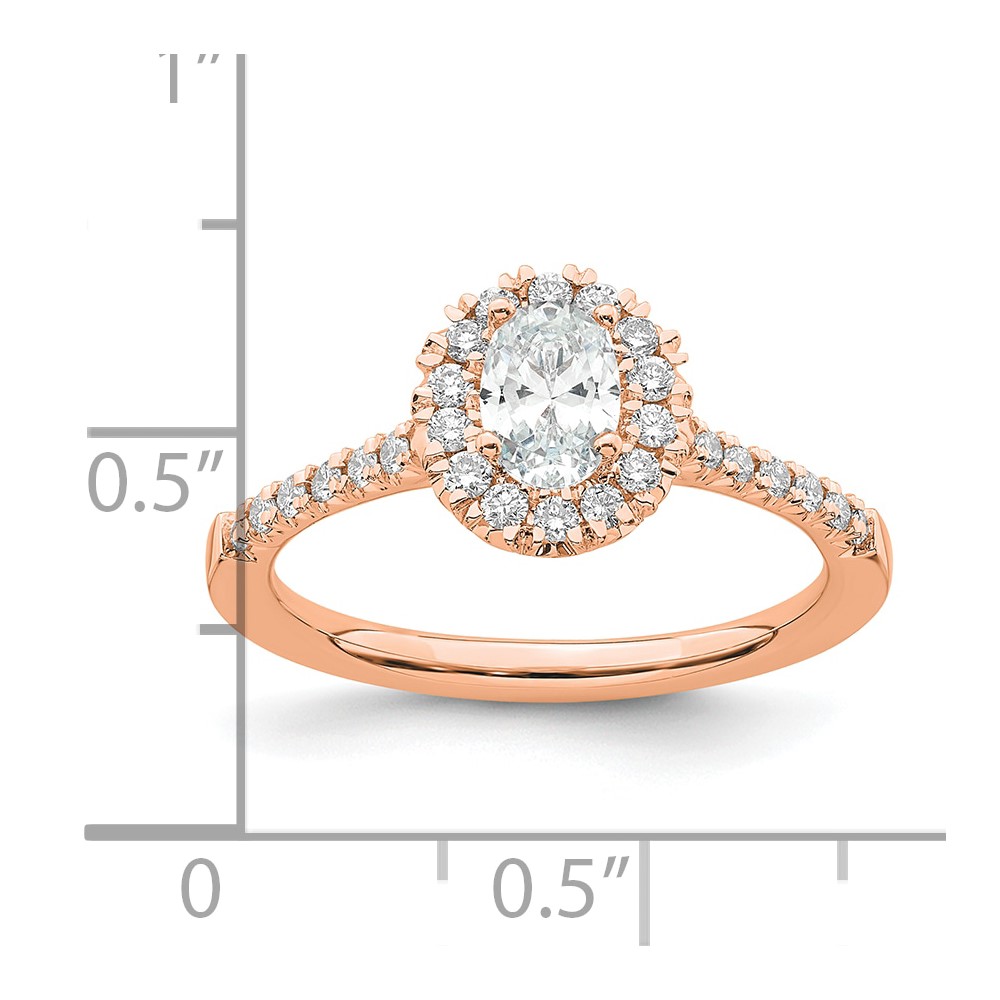 14k Rose Gold 1/3 carat Lab Grown Diamond VS/SI+ G+ 1/2 carat Center Oval Semi Mount Halo Engagement Ring (RM2058E-050-7RLG)
