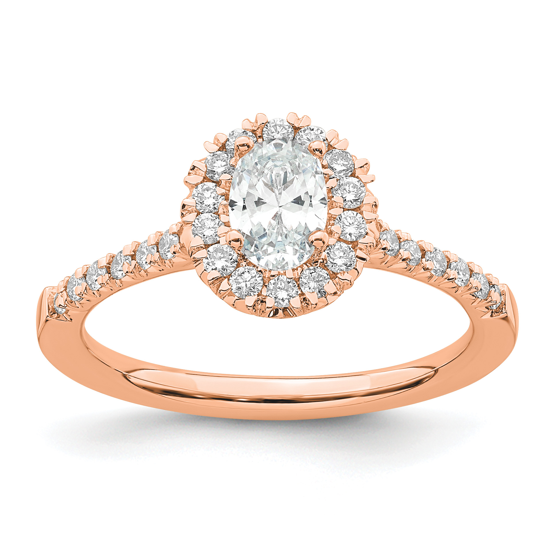 14k Rose Gold 1/3 carat Lab Grown Diamond VS/SI+ G+ 1/2 carat Center Oval Semi Mount Halo Engagement Ring (RM2058E-050-7RLG)