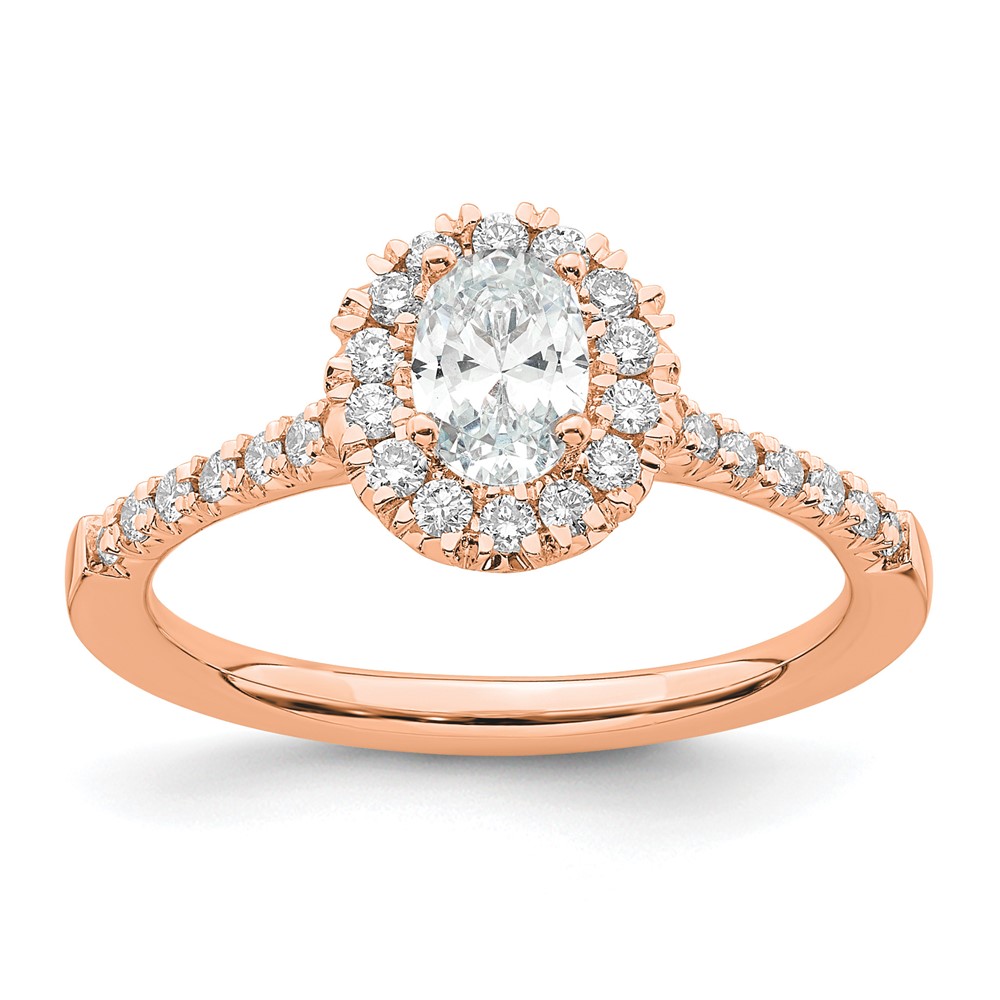 14k Rose Gold 1/3 carat Lab Grown Diamond VS/SI+ G+ 1/2 carat Center Oval Semi Mount Halo Engagement Ring (RM2058E-050-7RLG)