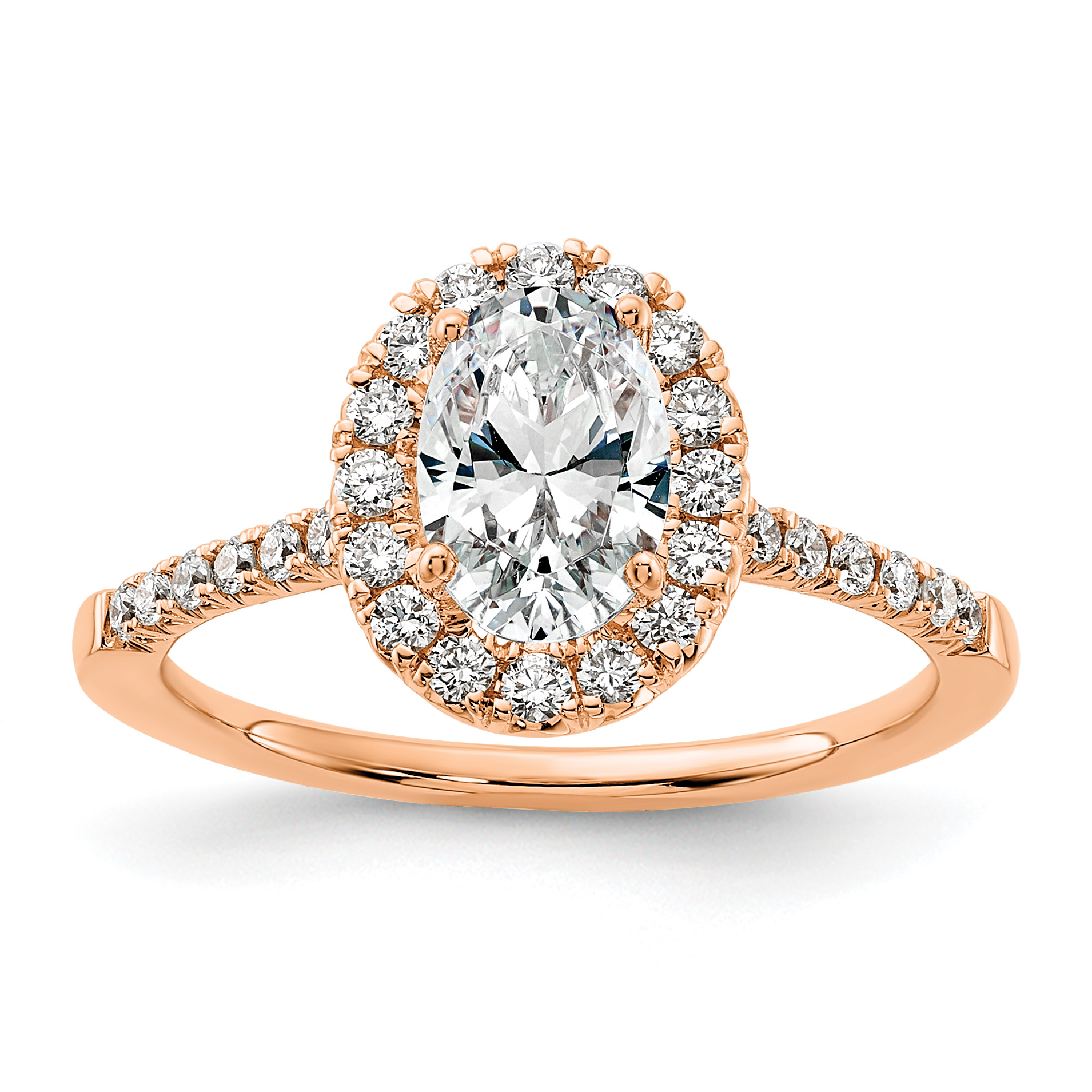 14k Rose Gold 3/8 carat Lab Grown Diamond VS/SI+ G+ 1 carat Center Oval Semi Mount Halo Engagement Ring (RM2058E-100-7RLG)