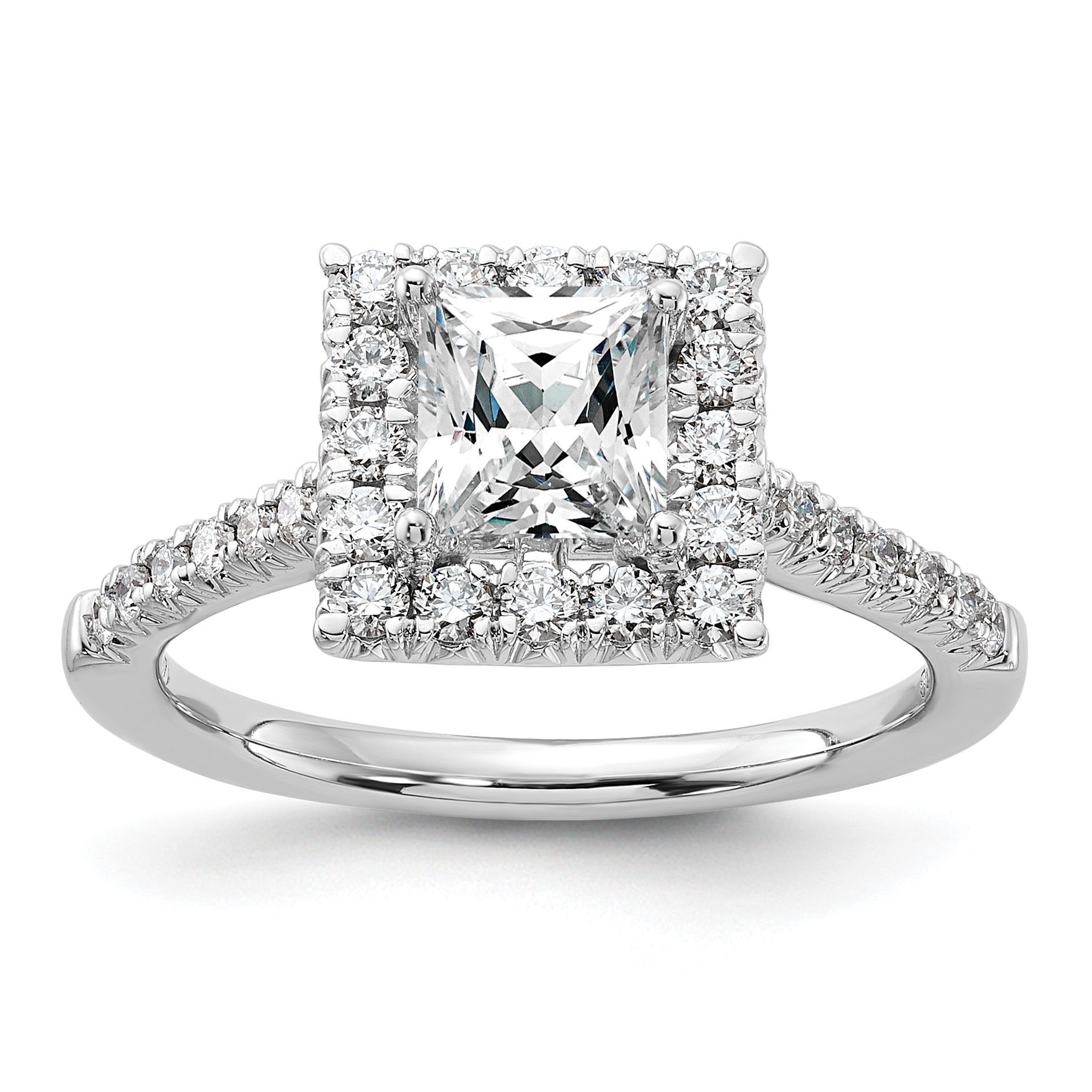 14k White Gold 1/2 carat Lab Grown Diamond VS/SI+ G+ 1 carat Center Princess Semi Mount Halo Engagement Ring (RM2061E-100-7WLG)
