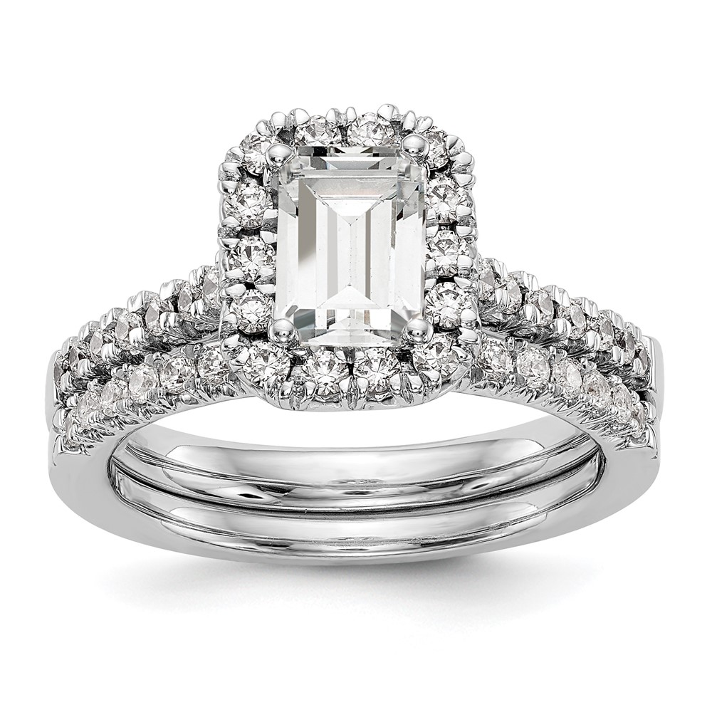 14k 1/2 carat Lab Grown Diamond VS/SI+ G+ 1 carat Emerald Center Semi Mount Halo Engagement Ring (RM2062E-100-7WLG)