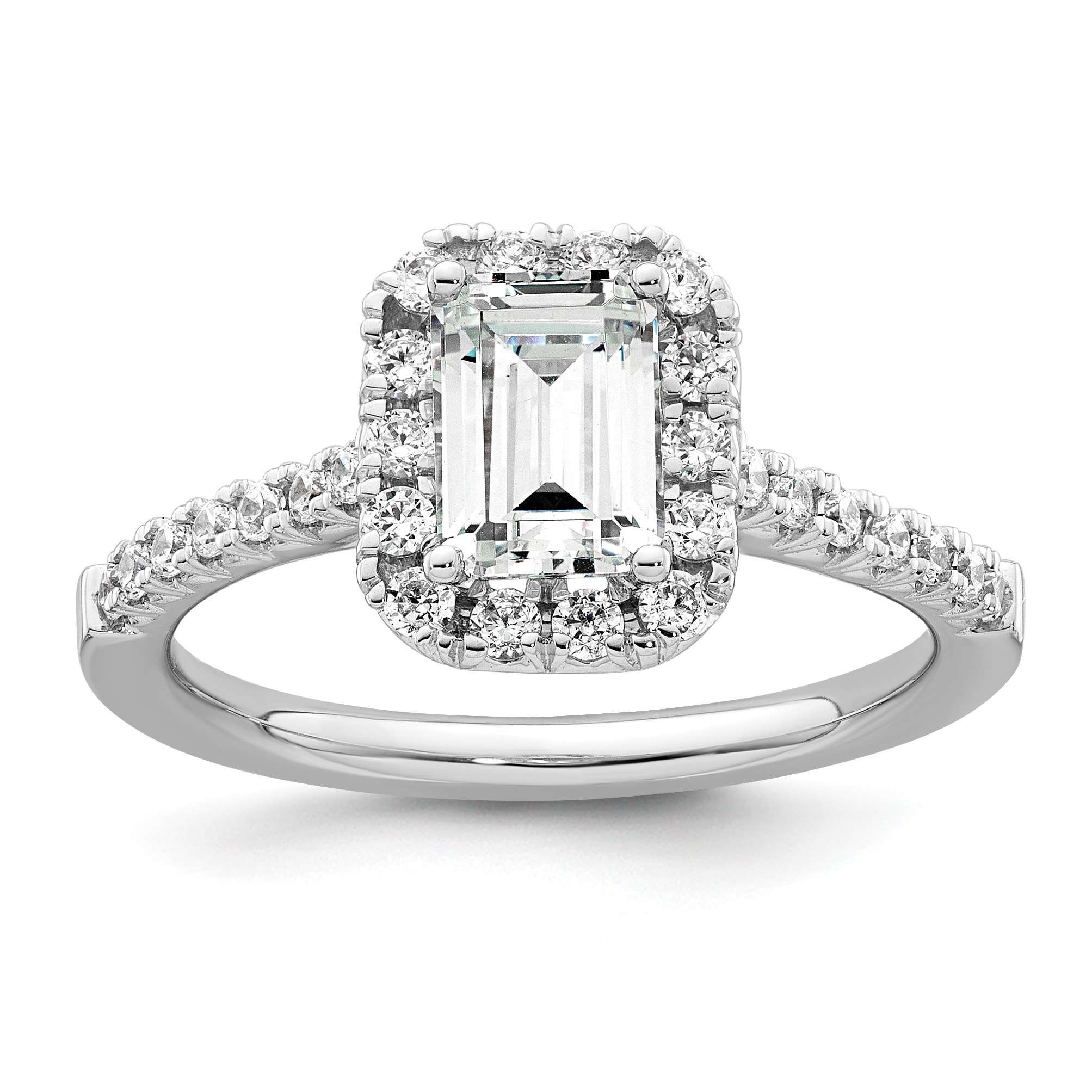 14k 1/2 carat Lab Grown Diamond VS/SI+ G+ 1 carat Emerald Center Semi Mount Halo Engagement Ring (RM2062E-100-7WLG)