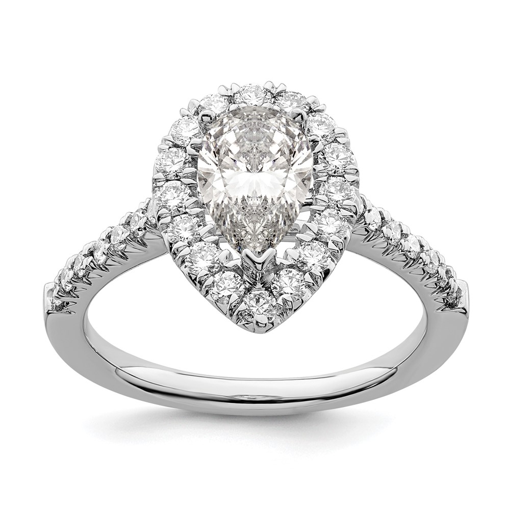 14k White Gold 5/8 carat Lab Grown Diamond VS/SI+ G+ 1 1/2 carat Center Pear Semi Mount Halo Engagement Ring (RM2064E-150-7WLG)