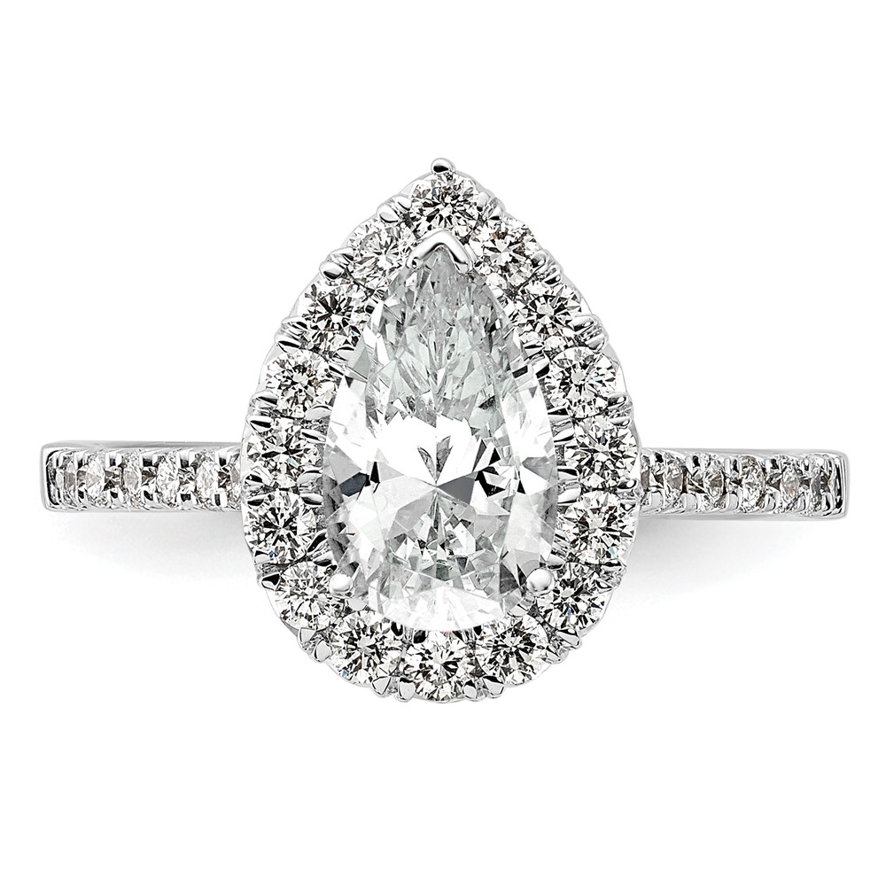 14k White Gold 5/8 carat Lab Grown Diamond VS/SI+ G+ 1 1/2 carat Center Pear Semi Mount Halo Engagement Ring (RM2064E-150-7WLG)