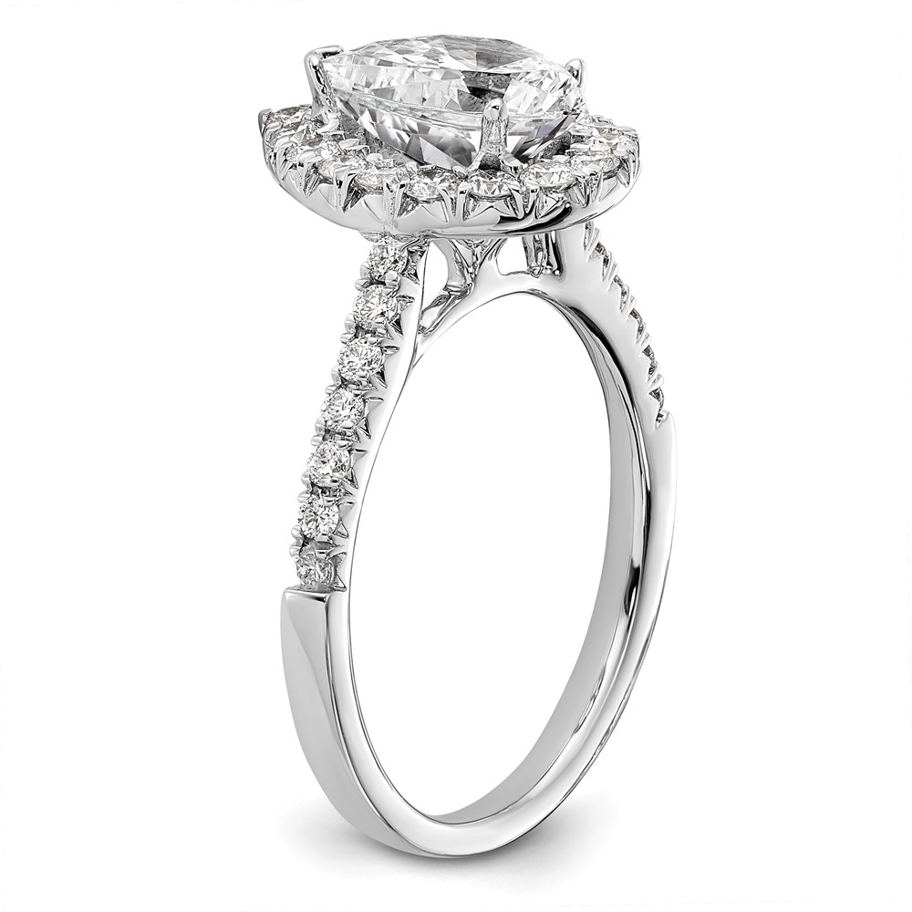 14k White Gold 5/8 carat Lab Grown Diamond VS/SI+ G+ 1 1/2 carat Center Pear Semi Mount Halo Engagement Ring (RM2064E-150-7WLG)