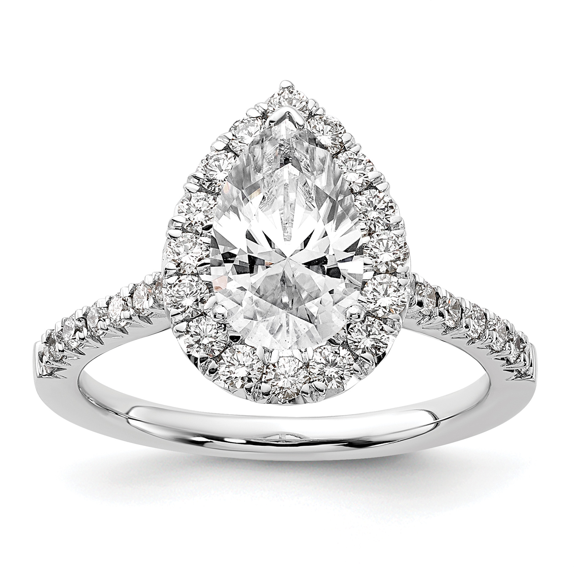 14k White Gold 5/8 carat Lab Grown Diamond VS/SI+ G+ 1 1/2 carat Center Pear Semi Mount Halo Engagement Ring (RM2064E-150-7WLG)