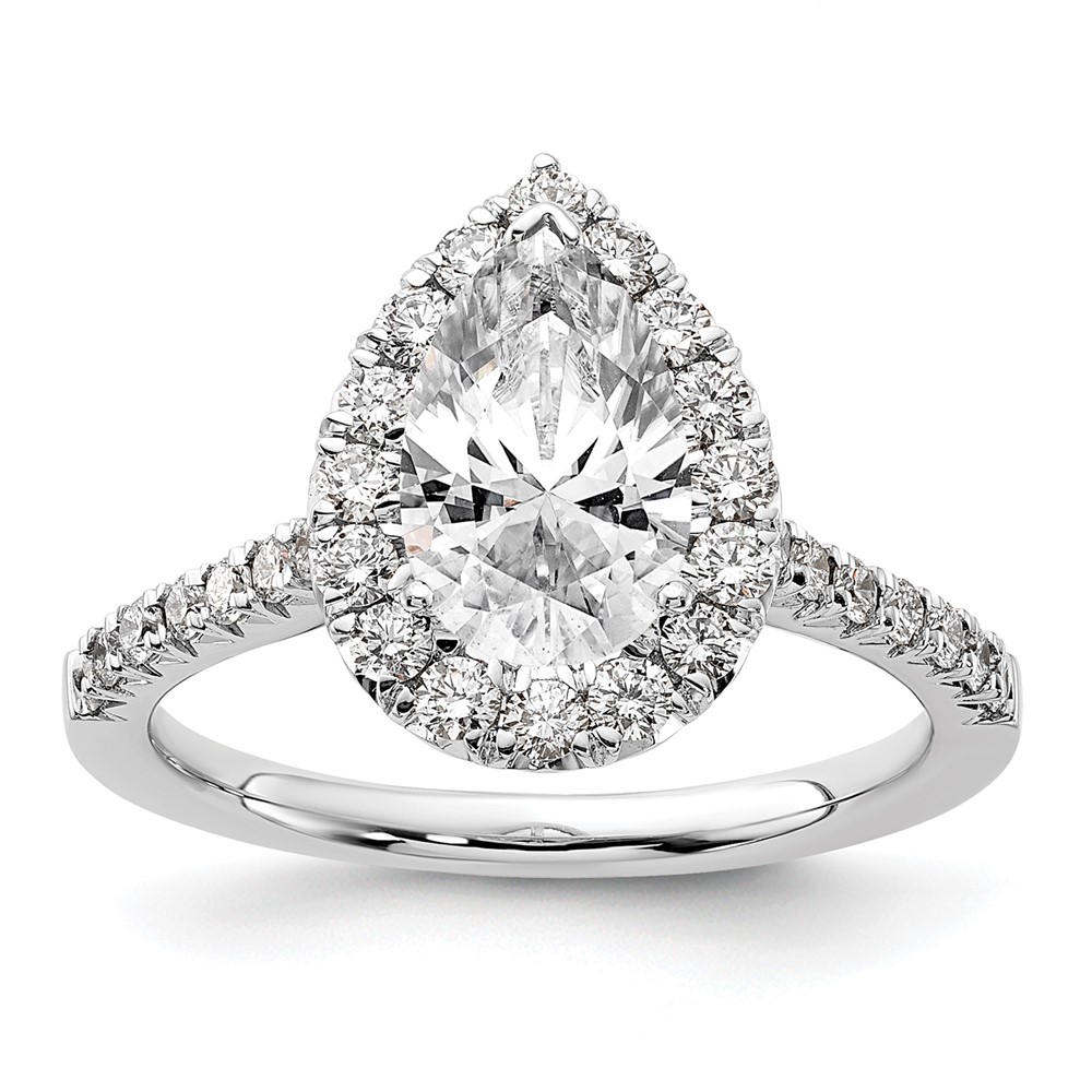 14k White Gold 5/8 carat Lab Grown Diamond VS/SI+ G+ 1 1/2 carat Center Pear Semi Mount Halo Engagement Ring (RM2064E-150-7WLG)