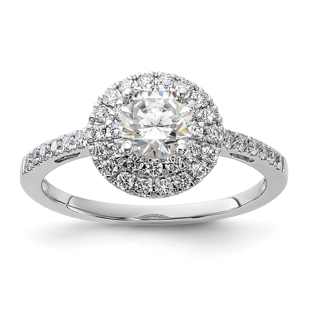 14K White Gold 0.88 Carat Lab Grown Diamond VS SI+ G+ Complete Double Halo Engagement Ring