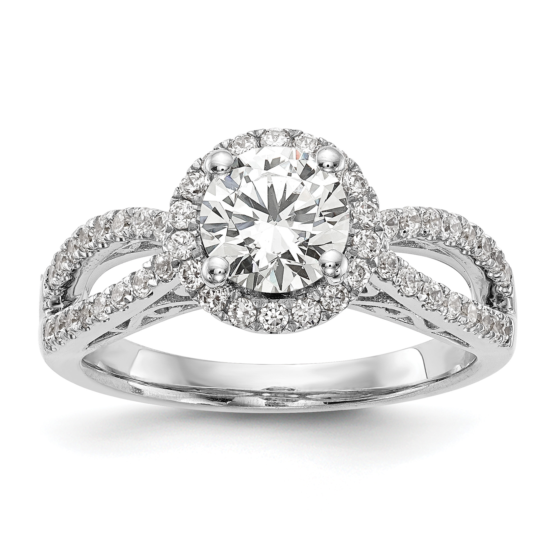 14k White Gold 5/8 carat Lab Grown Diamond VS/SI+ G+ 1 carat Center Round Semi Mount Halo Engagement Ring (RM2145E-100-7WLG)