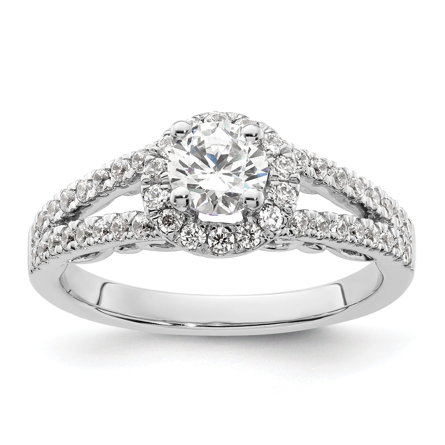 14k White Gold 1 carat Lab Grown Diamond VS/SI+ G+ Complete Round Halo Engagement Ring (RM2147E-050-7CWLG)