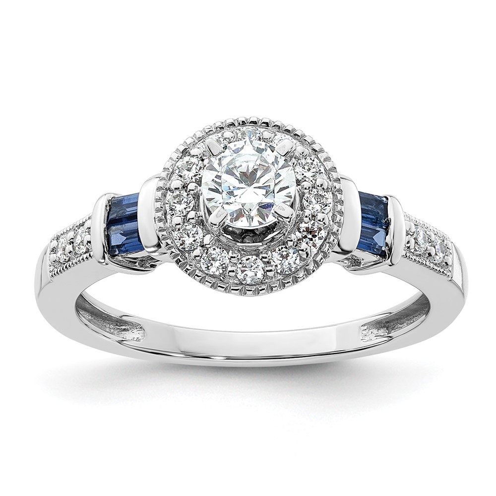 14K White Gold 0.50 Carat Lab Grown Diamond VS SI+ G+ and Created Sapphire Complete Round Halo Engagement Ring