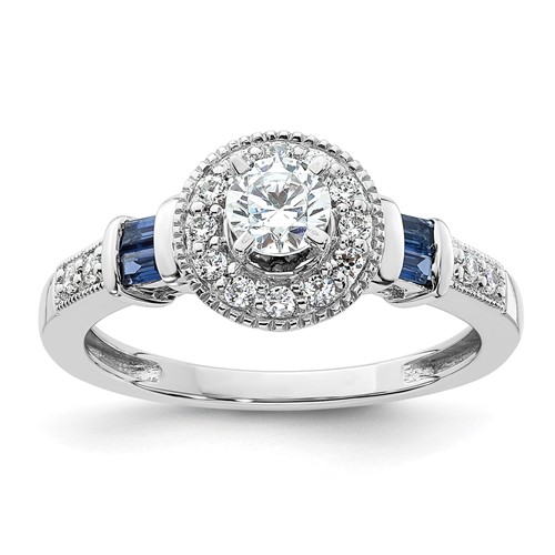 14K White Gold 0.50 Carat Lab Grown Diamond VS SI+ G+ and Created Sapphire Complete Round Halo Engagement Ring