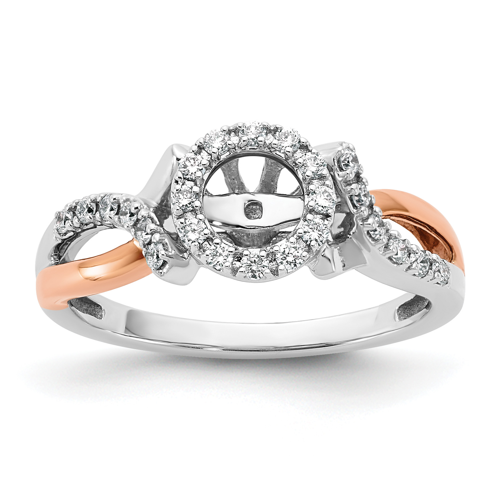 14k Two-Tone Rose and White Gold 1/4 carat Lab Grown Diamond VS/SI+ G+ Halo Semi Mount Peg Set Engagement Ring (RM2172E-024-RWLG)