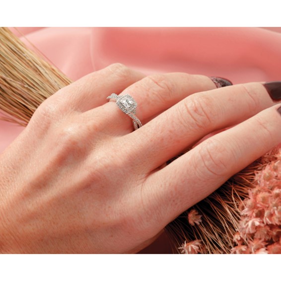 14K White Gold Halo Twist (Holds 1/3 carat (3.8mm) Princess Center) 1/3 carat Diamond Semi-Mount Engagement Ring