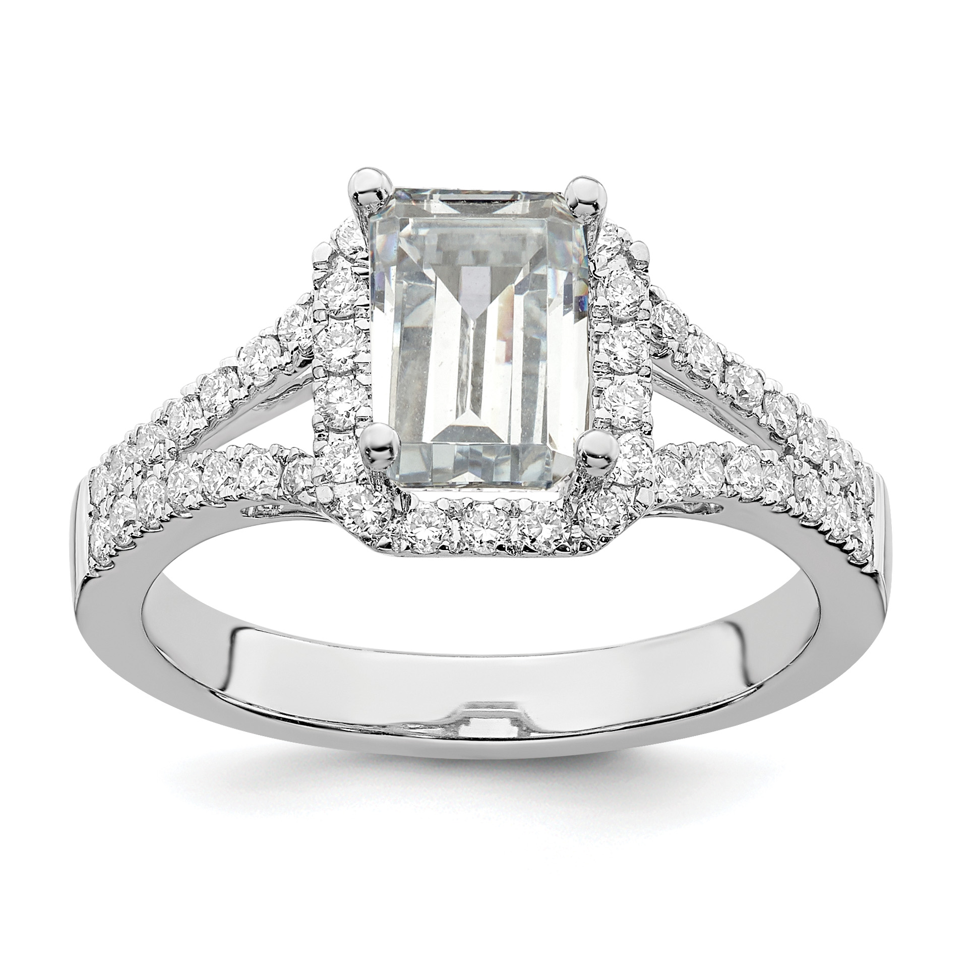 True Origin 14K White Gold 1/2 carat Lab Grown Diamond VS  D E F  Semi Mount Emerald Halo Engagement Ring (RM2337E-150-WLD)