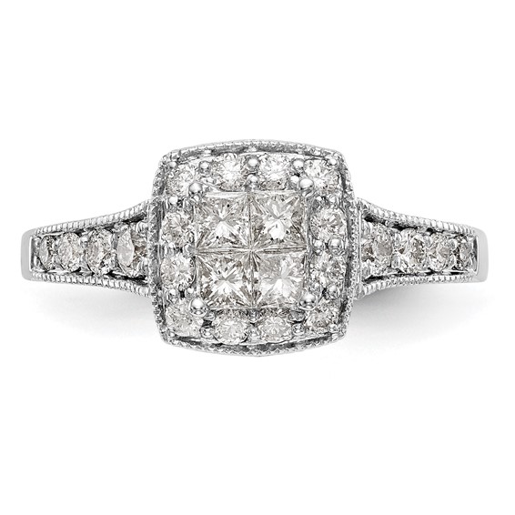 14K White Gold Square Halo Cluster 3/4 carat Princess/Round Diamond Complete Engagement Ring