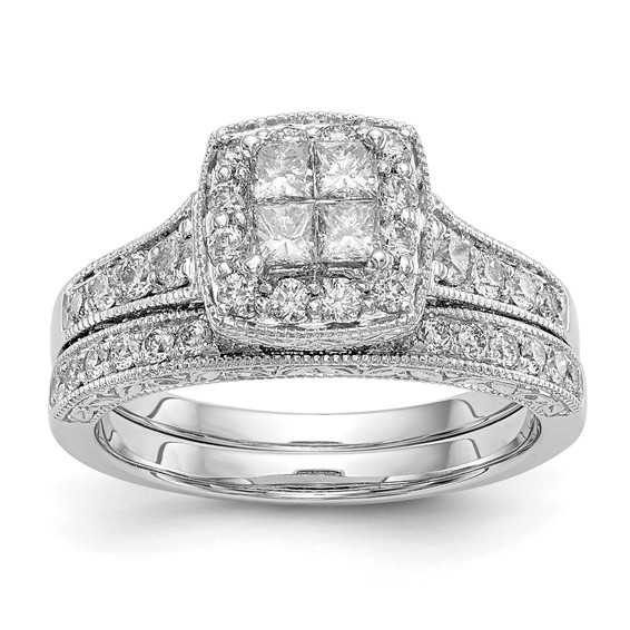 14K White Gold Square Halo Cluster 3/4 carat Princess/Round Diamond Complete Engagement Ring