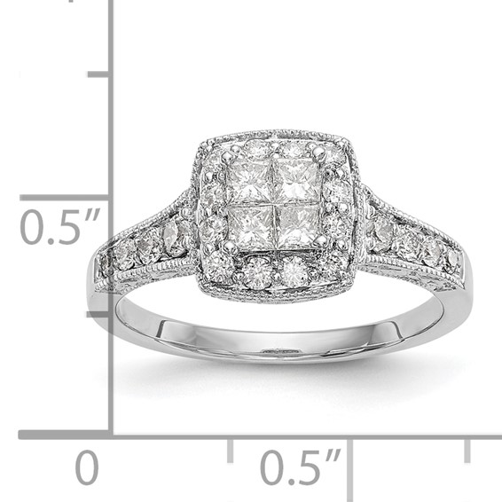 14K White Gold Square Halo Cluster 3/4 carat Princess/Round Diamond Complete Engagement Ring