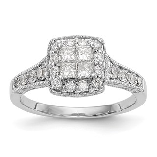 14K White Gold Square Halo Cluster 3/4 carat Princess/Round Diamond Complete Engagement Ring