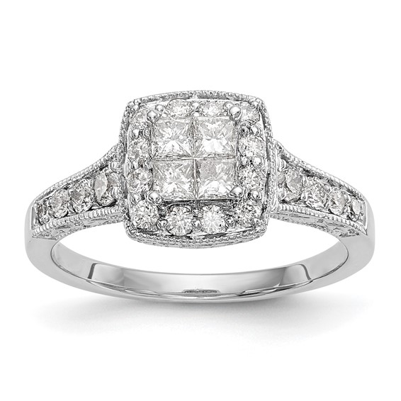 14K White Gold Square Halo Cluster 3/4 carat Princess/Round Diamond Complete Engagement Ring