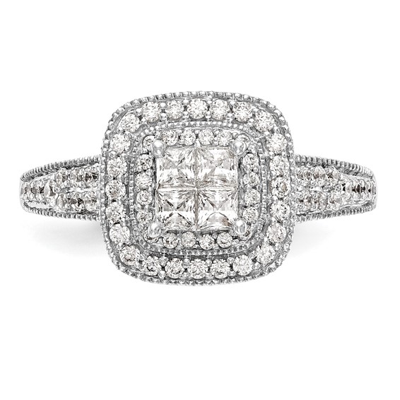 14K White Gold Square Halo Cluster 5/8 carat Princess/Round Diamond Complete Engagement Ring