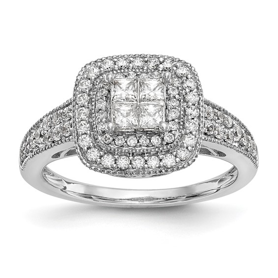 14K White Gold Square Halo Cluster 5/8 carat Princess/Round Diamond Complete Engagement Ring