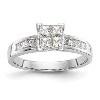 14K White Gold Square Cluster 3/4 carat Princess Diamond Complete Engagement Ring