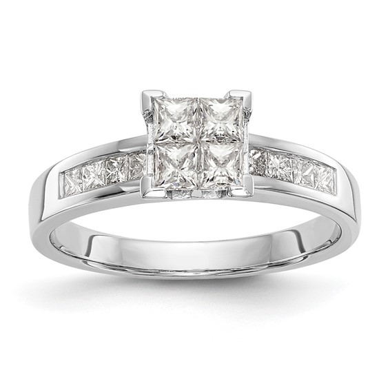 14K White Gold Square Cluster 3/4 carat Princess Diamond Complete Engagement Ring