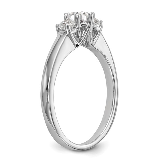 14K White Gold 3-Stone (Holds 3/8 carat (4.6mm) Round Center and (2-3.1mm) Round Sides) Engagement Ring Mounting