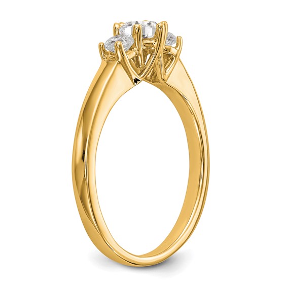 14K Yellow Gold 3-Stone (Holds 3/8 carat (4.6mm) Round Center and (2-3.1mm) Round Sides) Engagement Ring Mounting