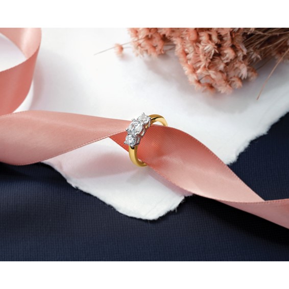 14K Two-tone 3-Stone (Holds 1/2 carat (5.2mm) Round Center and (2-4.1mm) Round Sides) Engagement Ring Mounting