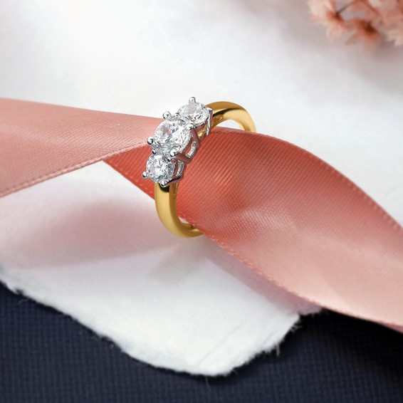 14K Two-tone 3-Stone (Holds 3/4 carat (5.8mm) Round Center and (2-4.6mm) Round Sides) Engagement Ring Mounting