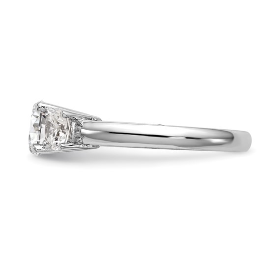 14K White Gold 3-Stone (Holds 1 carat (6.5mm) Round Center and (2-5.2mm) Round Sides) Engagement Ring Mounting