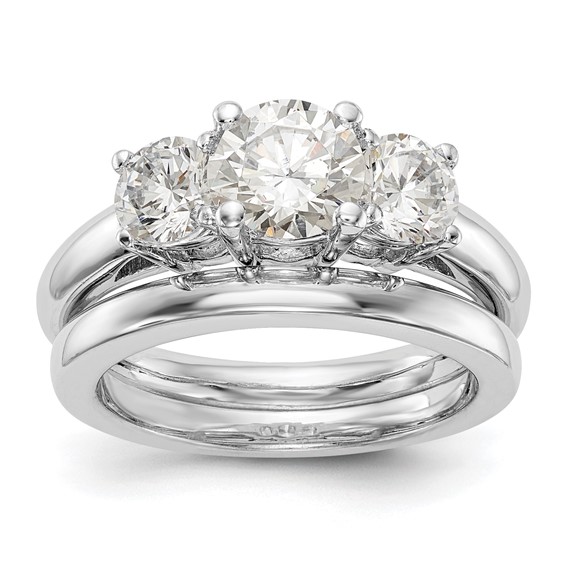 14K White Gold 3-Stone (Holds 1 carat (6.5mm) Round Center and (2-5.2mm) Round Sides) Engagement Ring Mounting