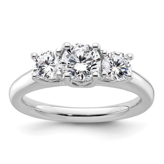 14K White Gold 3-Stone (Holds 3/4 carat (5.80mm) Round Center and (2-4.6mm) Round Sides) Engagement Ring Mounting