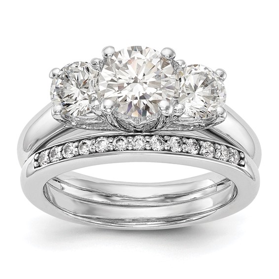 14K White Gold 3-Stone (Holds 1 carat (6.50mm) Round Center and (2-5.2mm) Round Sides) Engagement Ring Mounting