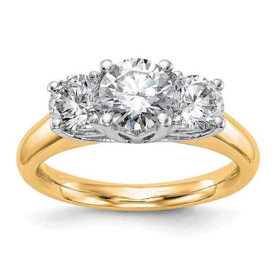 14K Two-tone 3-Stone (Holds 1 carat (6.50mm) Round Center and (2-5.2mm) Round Sides) Engagement Ring Mounting